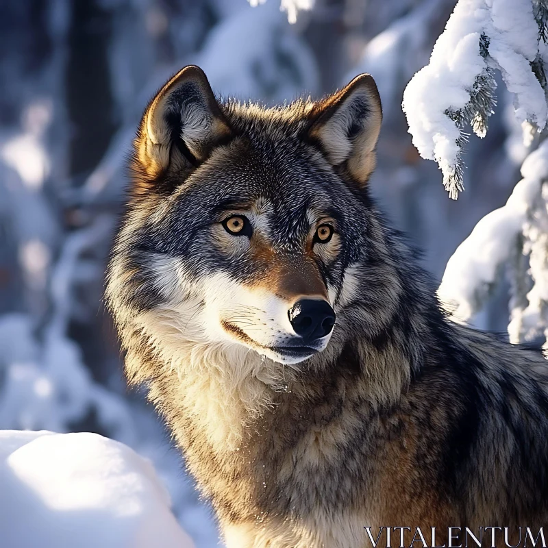 Winter Wolf Portrait in Snowy Woods AI Image