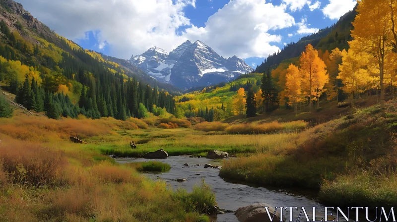 Snowy Peaks and Golden Trees AI Image