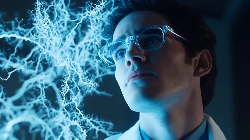 Man in Lab Coat with Energy Effect