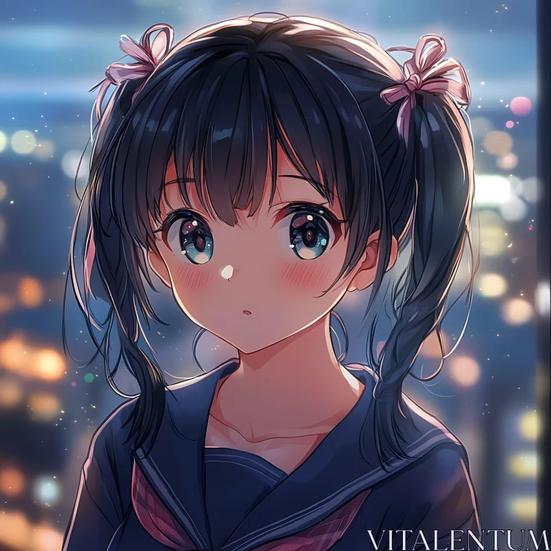 Thoughtful Anime Girl amidst Night Lights AI Image