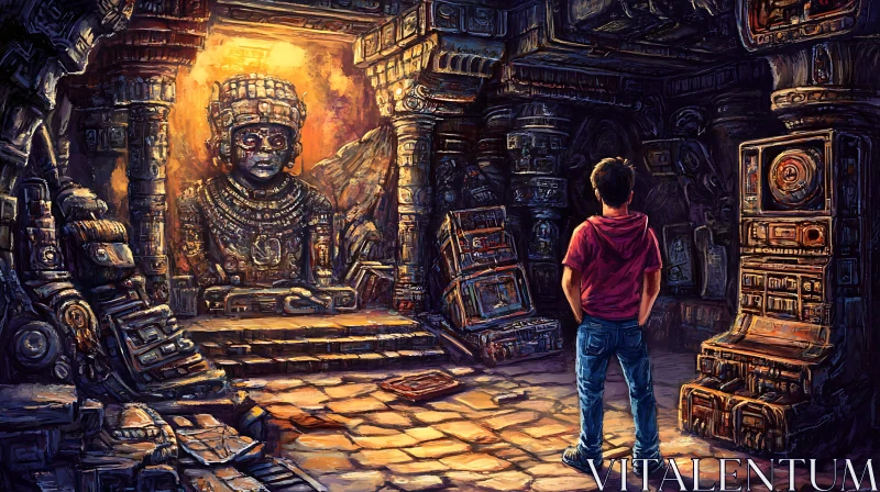 AI ART Boy and The Ancient Statue