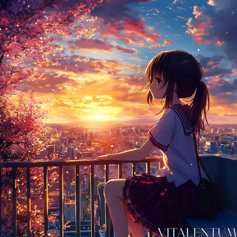 Schoolgirl on Balcony During Sunset in Anime Style AI Image