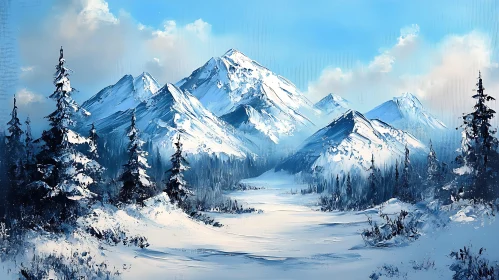 Winter Mountain Scene with Snow and Trees