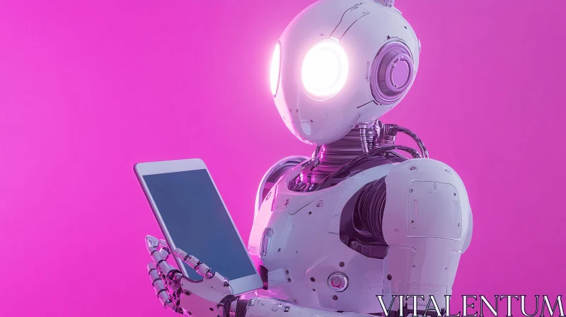 AI ART White Robot with Tablet in Pink Setting