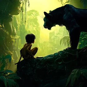 Child and Panther in Jungle Scene