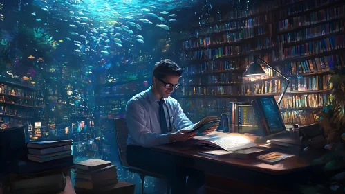 Submerged Study: Man Reading in Aquatic Library
