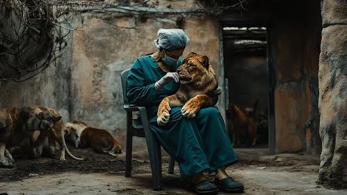 Lion Cub Comforted by Veterinarian