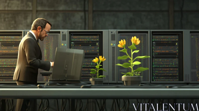 Data Center with Flowers and Worker AI Image