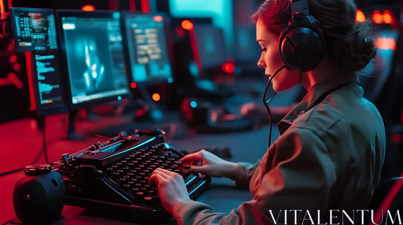 Woman Typing on Typewriter in Neon Room AI Image