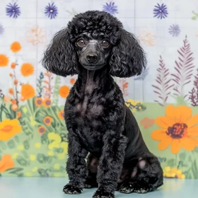 Elegant Black Poodle with Colorful Flowers