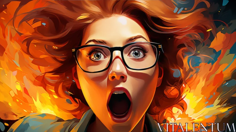 Comic Art Illustration: Woman with Glasses and Fire AI Image