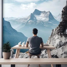 Man Contemplates Mountain Vista from Desk