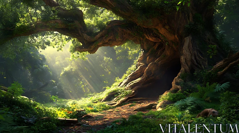 Mystical Forest with Cavernous Tree AI Image