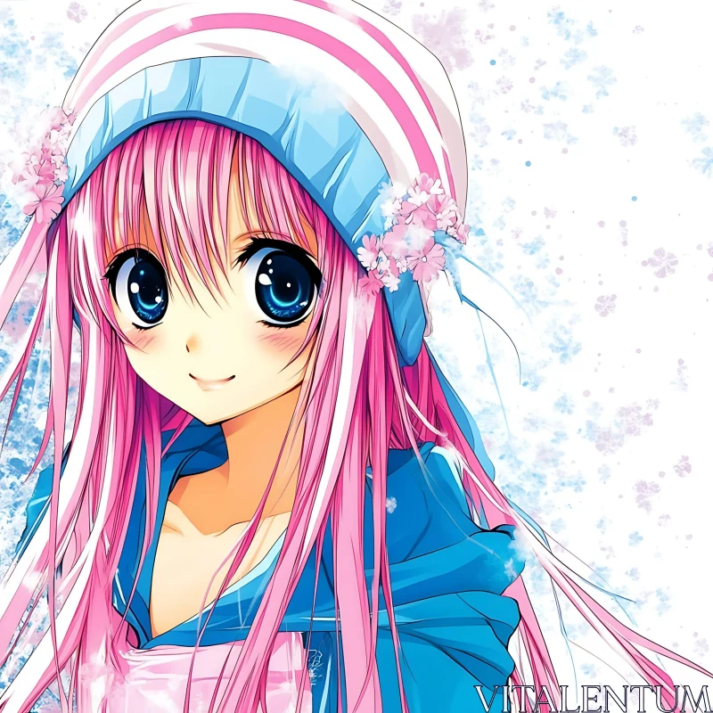 Cute Anime Girl with Floral Hat and Pink Hair AI Image