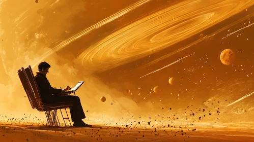Man Working on Laptop in Space