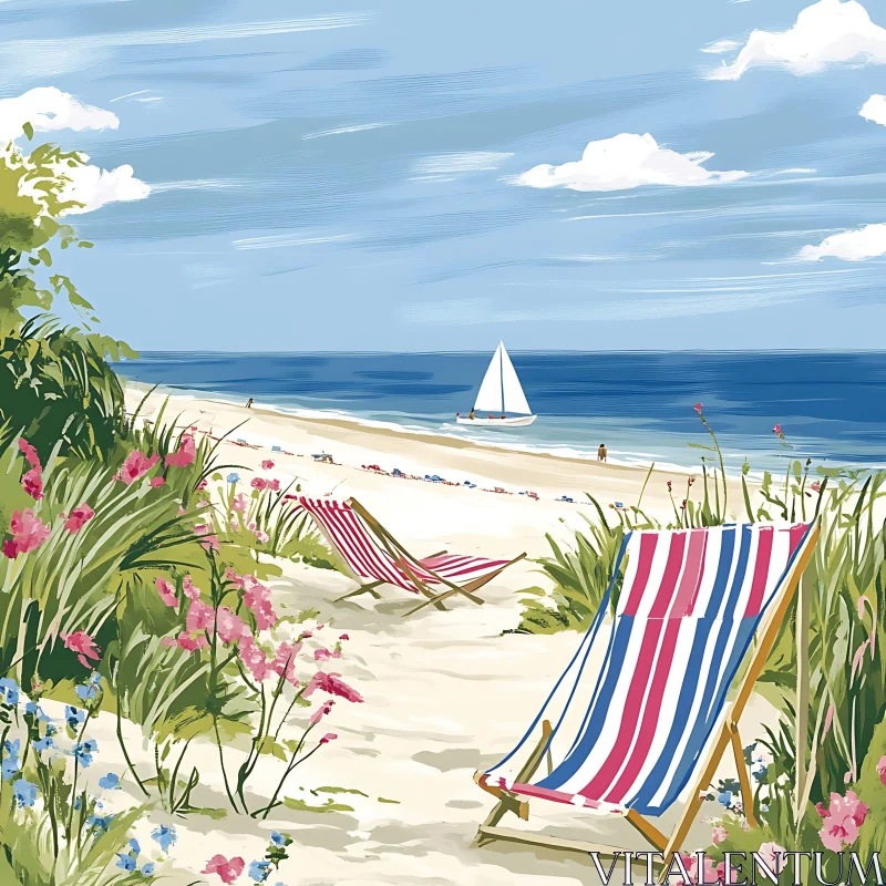 AI ART Seaside Relaxation with Deck Chairs and Boat