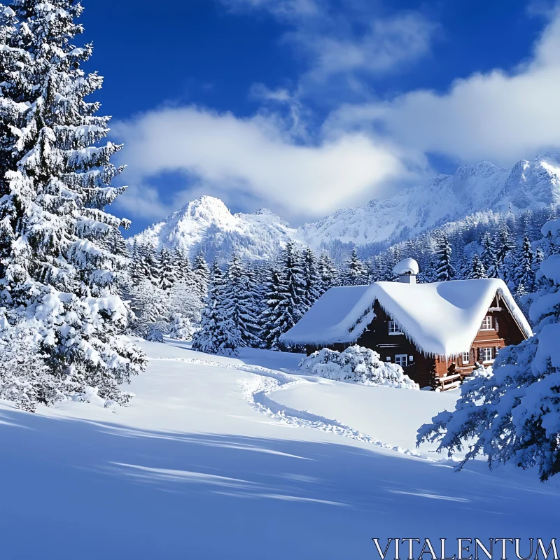 Snowy Cabin in Winter Wonderland AI Image