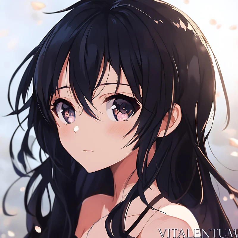 Graceful Anime Girl with Flowing Black Hair AI Image