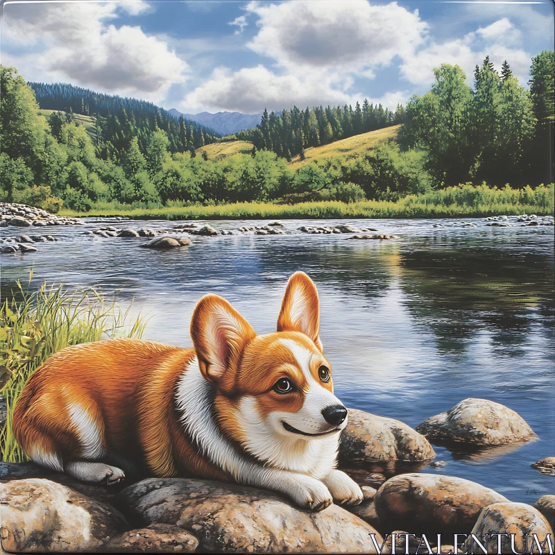 Peaceful Nature Scene with Corgi Dog by the Water AI Image