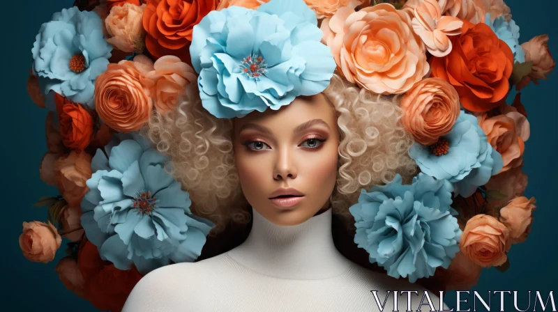 Glamorous Woman with Flowers on her Head in White and Blue AI Image