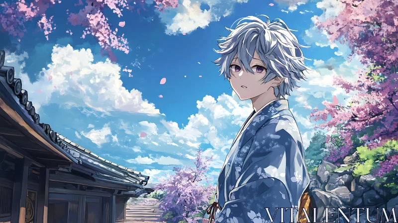 Silver-Haired Anime Character with Cherry Blossoms Background AI Image