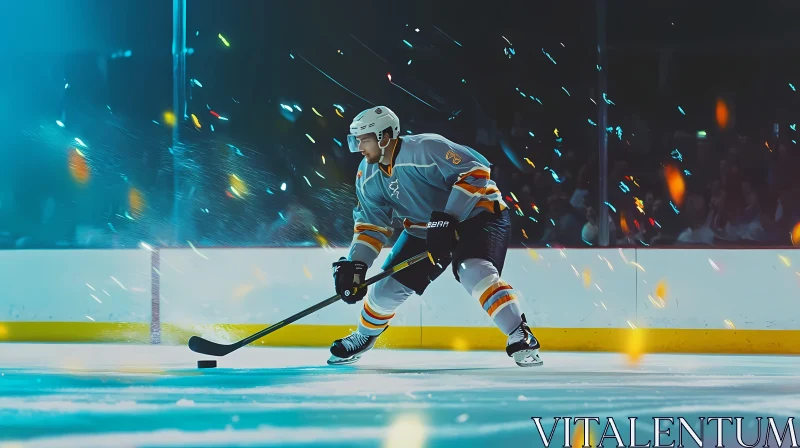 Intense Ice Hockey Player in Action on Ice Rink AI Image