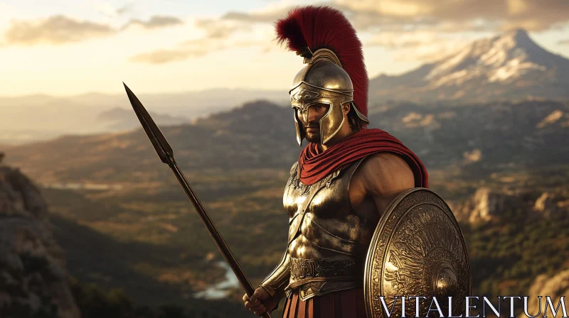 Ancient Roman Soldier in Scenic Terrain AI Image