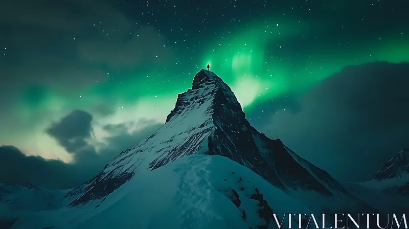 Snowy Mountain Peak with Aurora Borealis AI Image