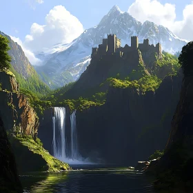 Scenic Castle Landscape with Waterfall