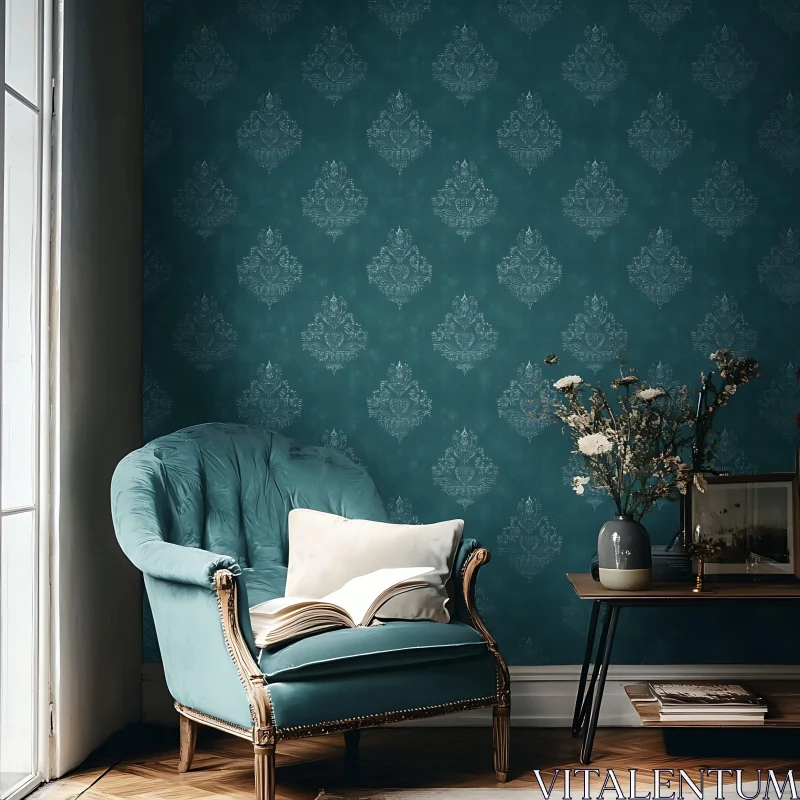 Teal Room with Vintage Armchair AI Image