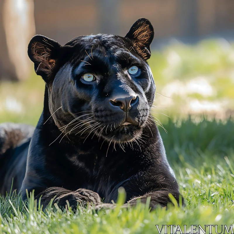 Black Panther Resting in Green Grass AI Image