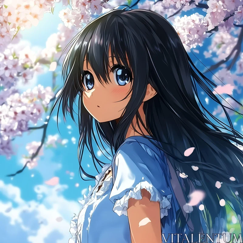 Springtime Anime Girl with Cherry Blossoms AI Image