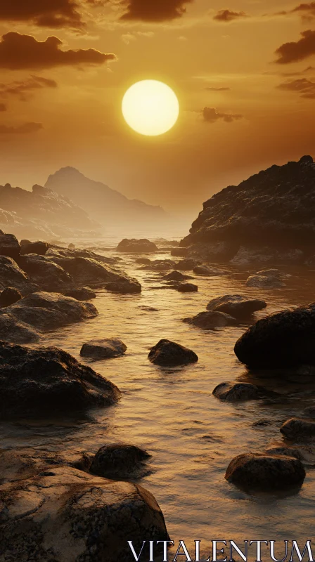 Serene Sunset Over Rocky Ocean Landscape AI Image