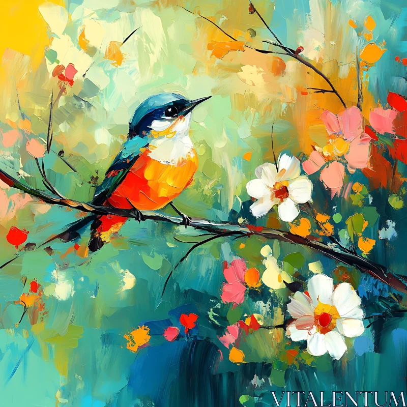 AI ART Colorful Bird on Flowering Branch Artwork
