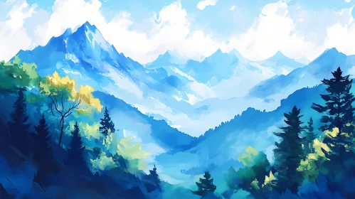 Blue Mountains and Forest Landscape Art