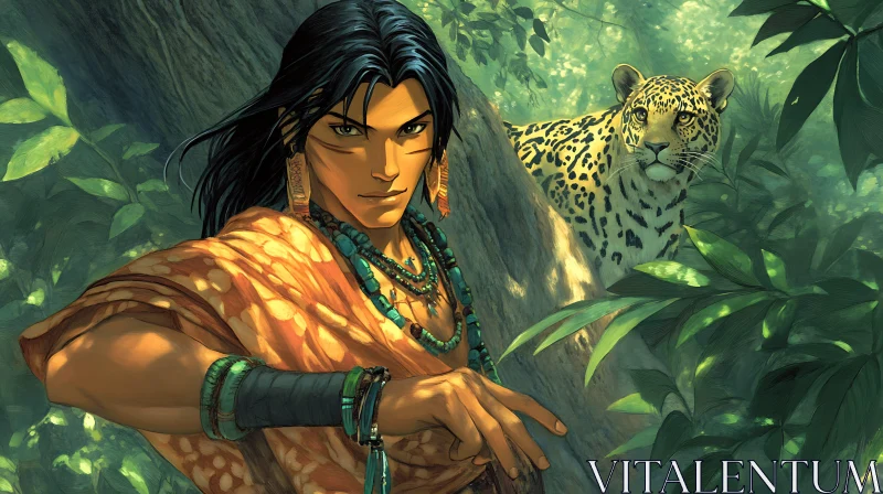 AI ART Man with Leopard in the Jungle