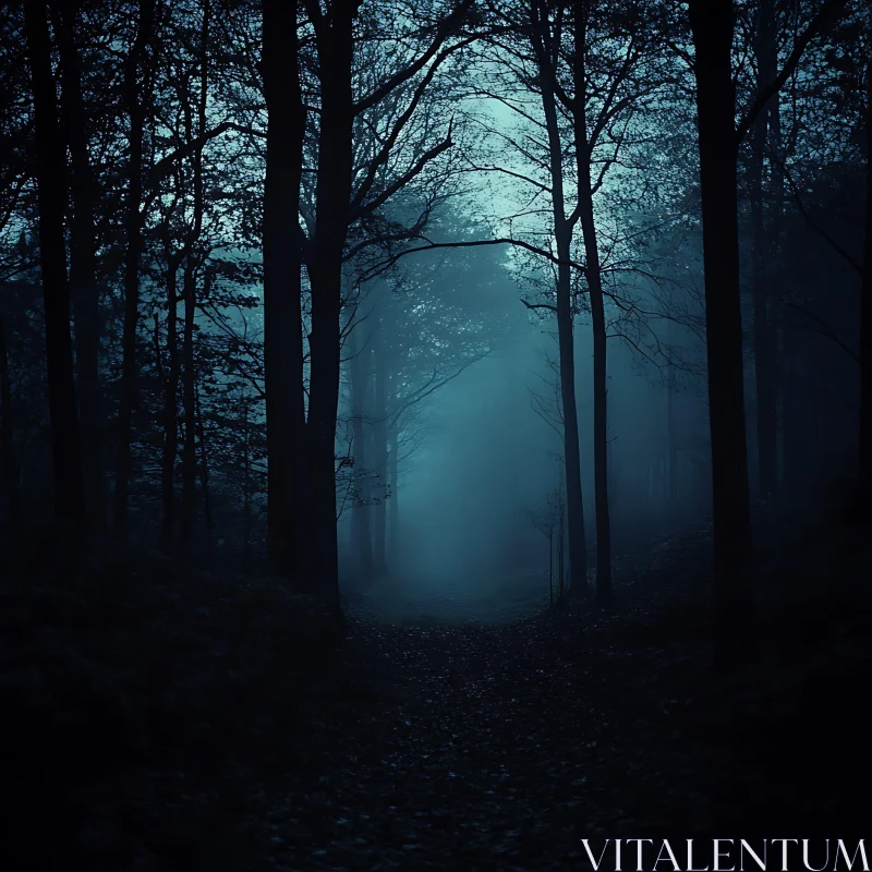 Eerie Misty Woodlands in Blue Hue AI Image