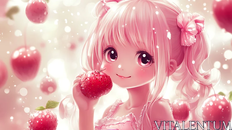 AI ART Cute Anime Girl Holding Strawberry with Floating Bubbles