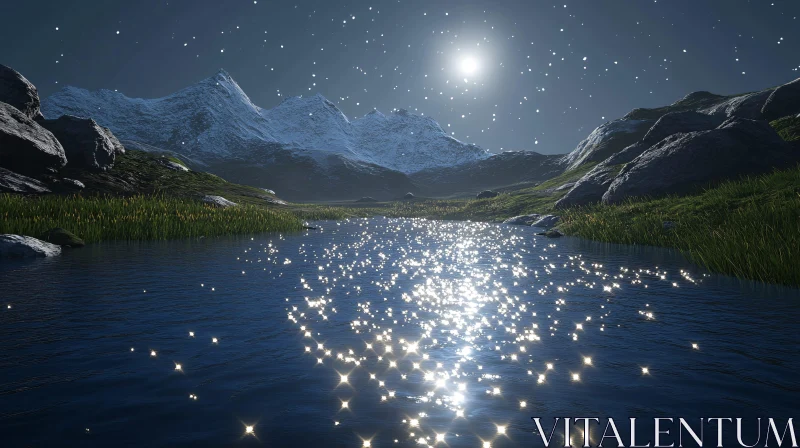 Moonlit Mountain Lake with Starry Reflections AI Image