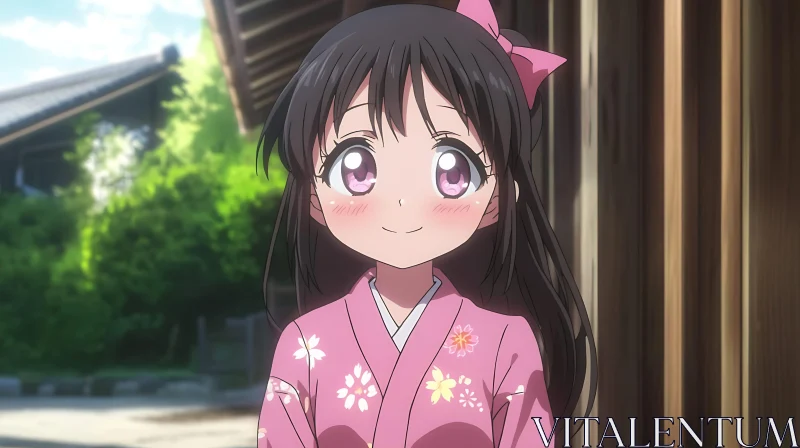 Blushing Anime Girl in Traditional Kimono AI Image