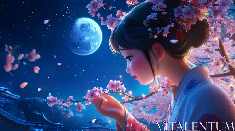 AI ART Serene Night with Anime Girl and Cherry Blossoms