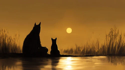 Silhouette of Dogs at Sunset Serenity