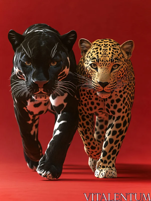 Two Big Cats on Red Background AI Image