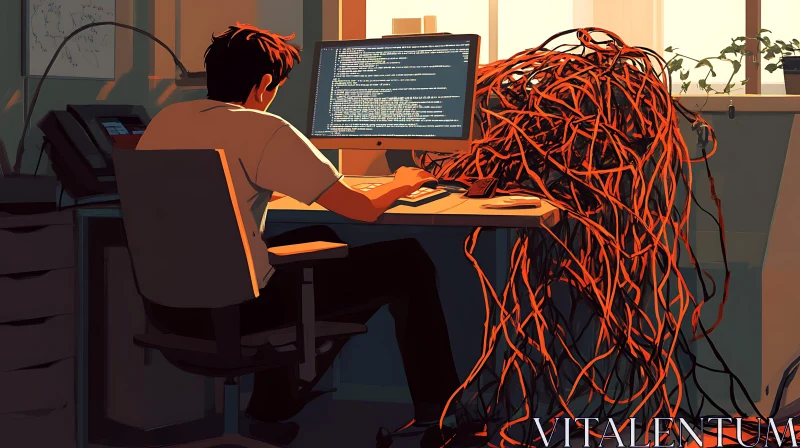 Coding Workspace with Tangled Cables AI Image