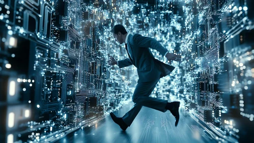 Man in Suit Running in Futuristic City