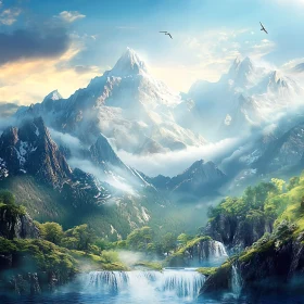 Serene Mountain Landscape with Cascading Water