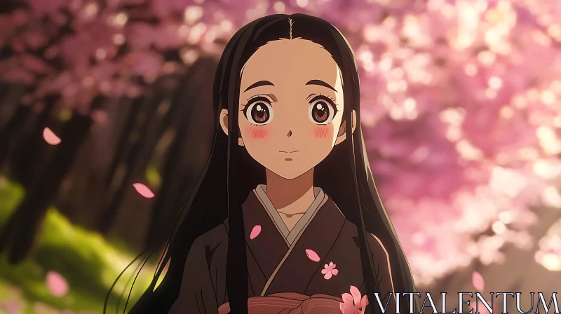 Serene Anime Girl in Blooming Cherry Blossom Grove AI Image