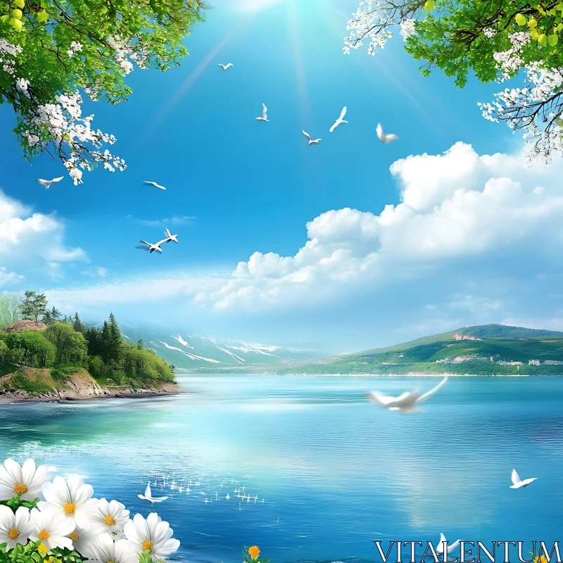 Tranquil Lake and Sky Landscape AI Image