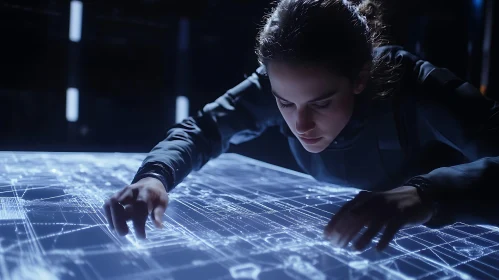 Woman Interacting with Holographic Technology