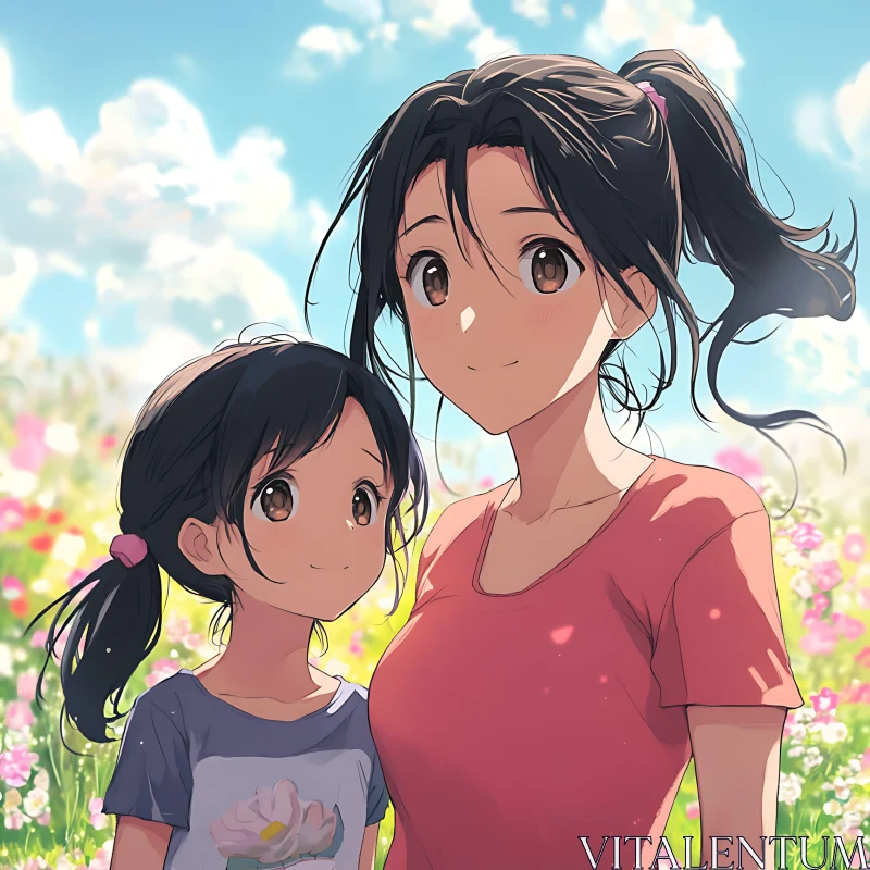 Anime Mom and Child in Floral Meadow AI Image